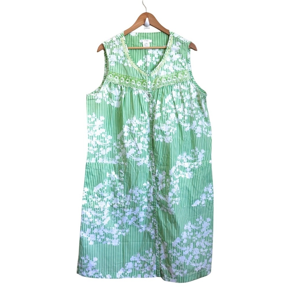 Vintage Pink K Womens Floral Stripe Duster House Dress XL Green Snap Lace Robe